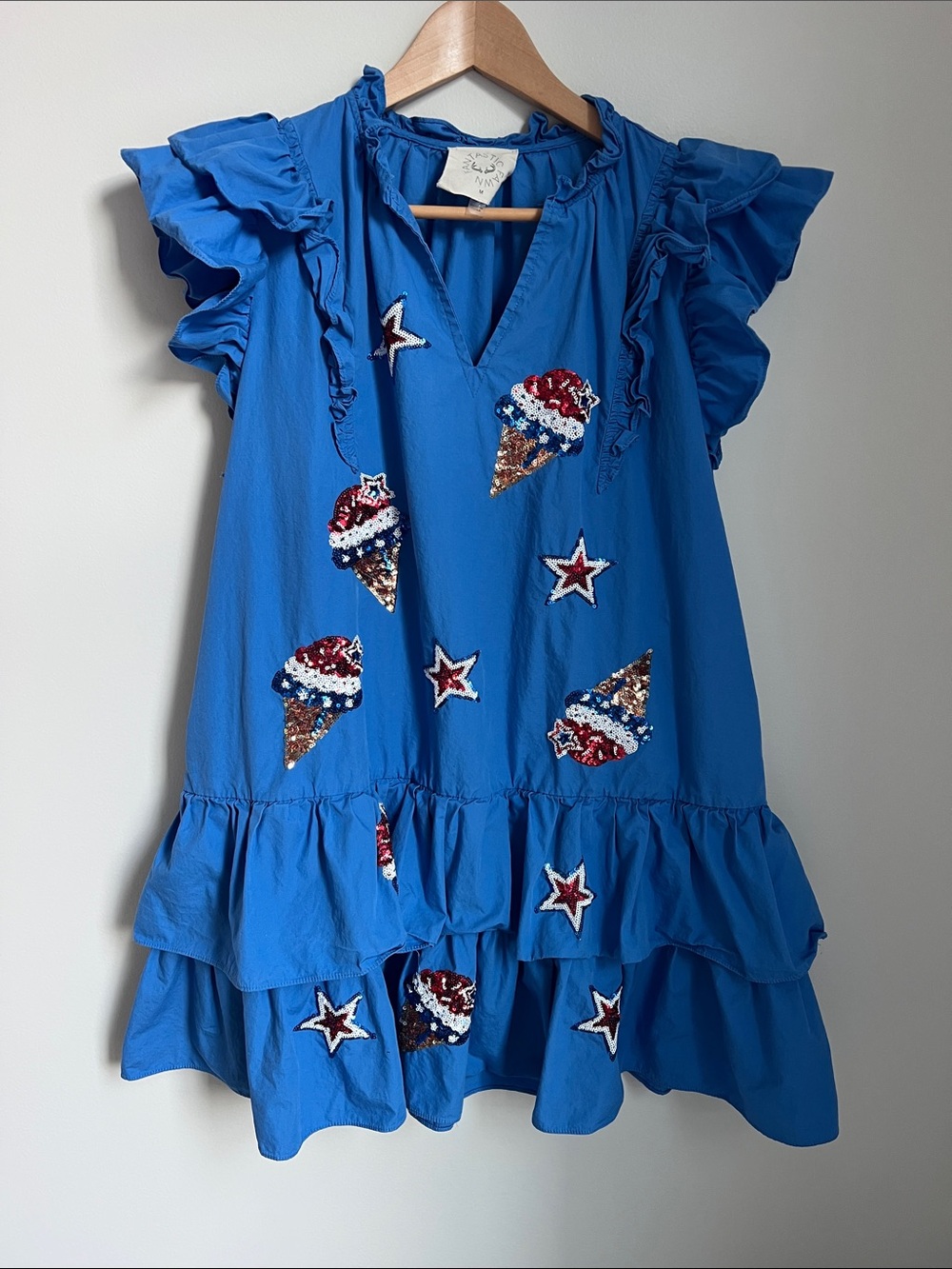 Fantastic Fawn | Royal Blue Sequin Ice Cream & Star Ruffle Cotton Dress Size M